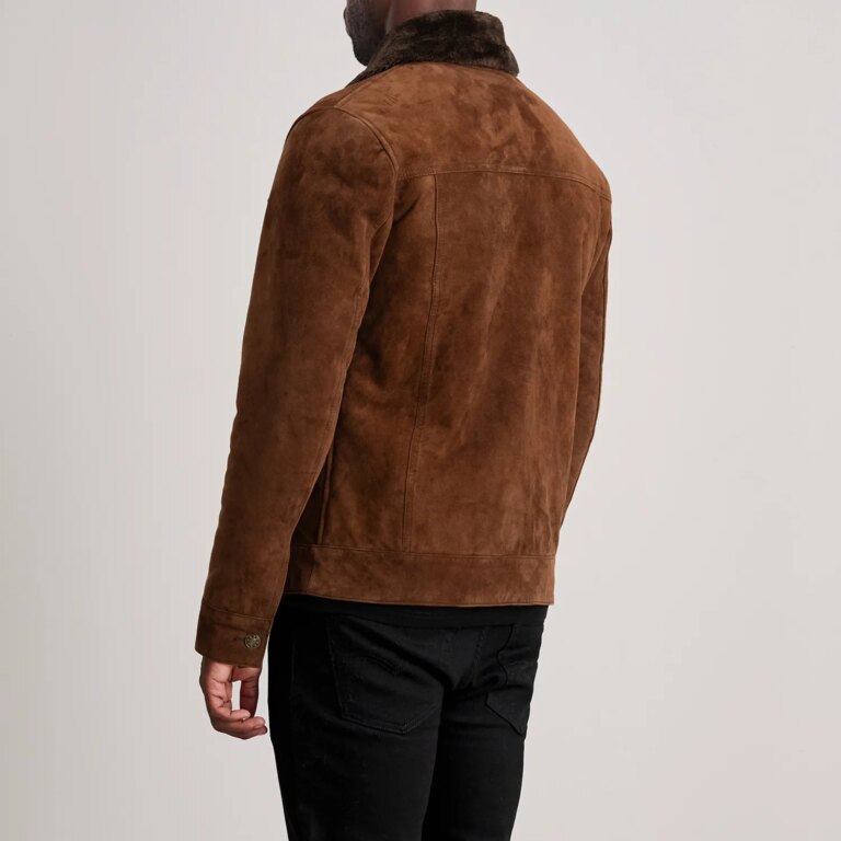 Mens Dallis Brown Suede Shearling Trucker Jacket Tilted Back-8-1733735667850